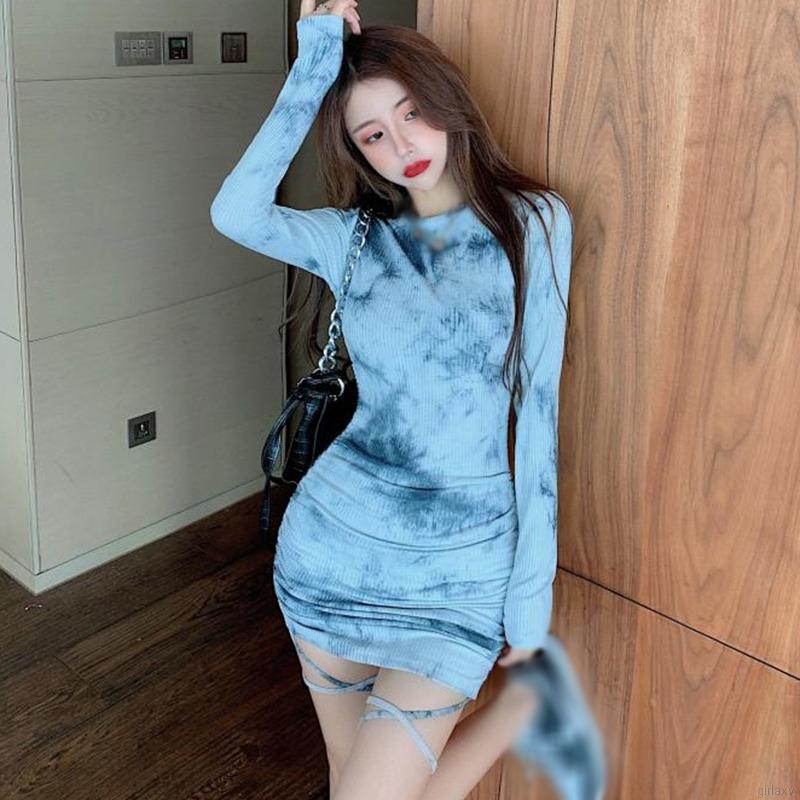 Đầm ôm tay dài cổ trong họa tiết loang màu phong cách Hàn Quốc gợi cảm cho nữ | BigBuy360 - bigbuy360.vn