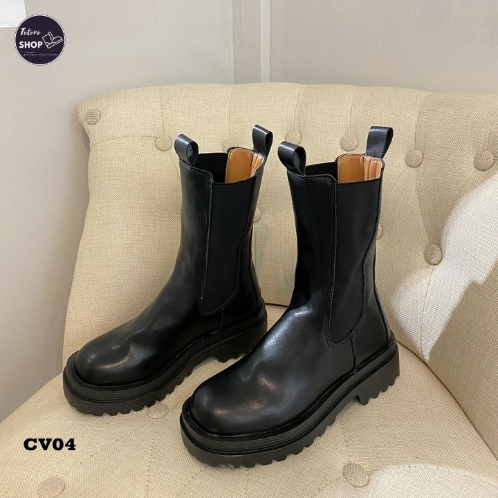 Giày Bốt Nữ Cổ Vừa Không Dây Da Pu Mạnh Mẽ Cá Tính Dễ Phối Đồ - CV04