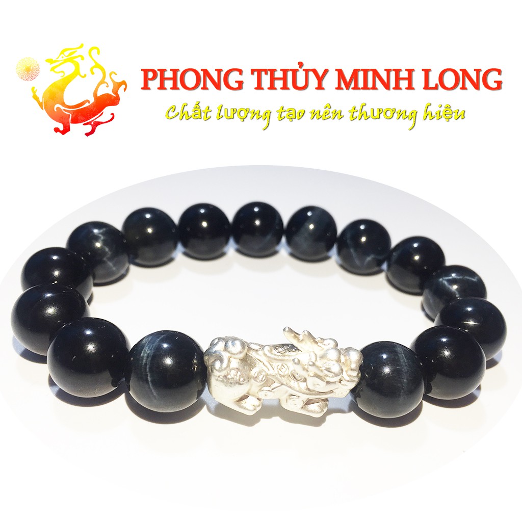 Vòng tay đá mắt hổ Chim Ưng xanh đen chất lượng 5A mix Tỳ Hưu Bạc hợp mệnh Thủy và Mộc