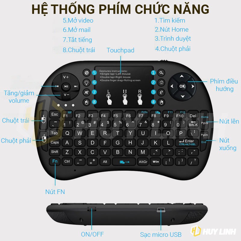 ☎[ Pin sạc] Bàn phím kiêm chuột mini không dây UBK500 - Có Touchpad đa chạm sử dụng trên TV Box, Smart Android