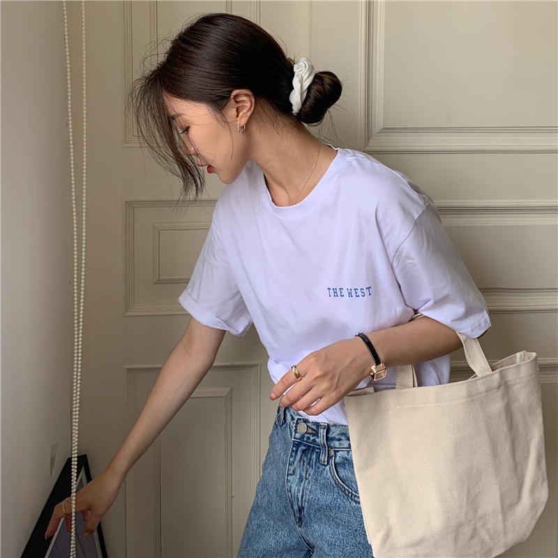 SUXI Áo thun dáng rộng tay ngắn cổ tròn in chữ phong cách retro thời trang hè cho nữ