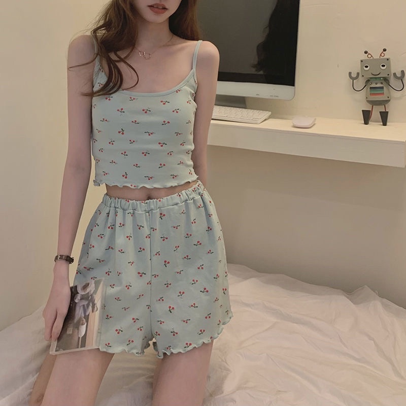 Ngọt ngào anh đào nhỏ tinh khiết mong muốn cô gái dây treo bên ngoài mặc đồ ngủ nữ mùa hè 2022 bộ đồ mặc nhà mùa xuân