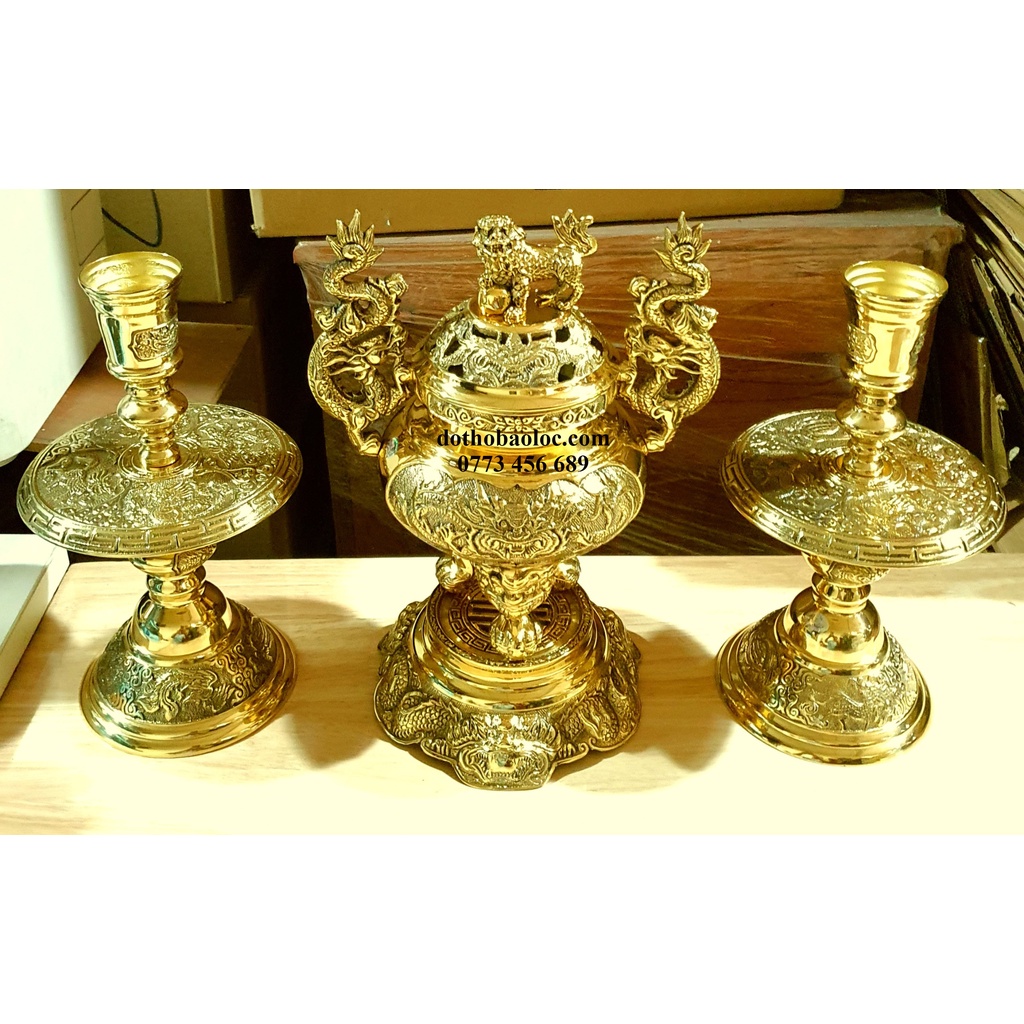 Bộ Tam Sự đỉnh tròn bằng đồng thương hiệu Thuận Phát cao 31cm nặng 6,2kg