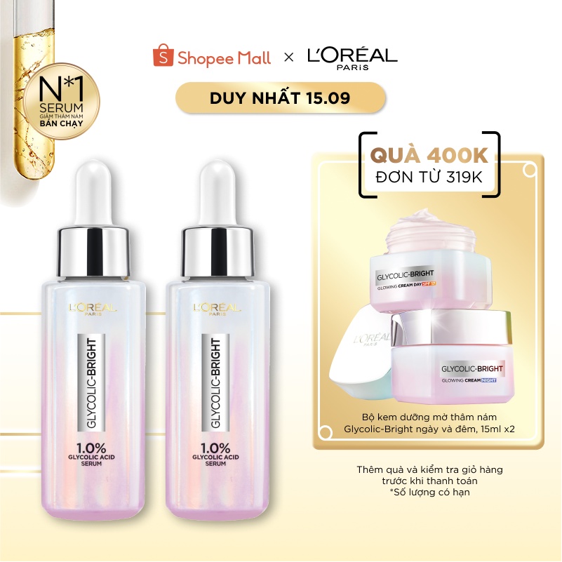 Bộ 2 Serum L'Oreal Paris Glycolic Bright Instant Glowing Serum 1.0% Glycolic Acid 30mlx2