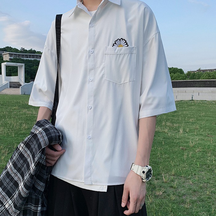 Korean Style Chrysanthemum Embroidery Short Sleeve Shirt For Men | BigBuy360 - bigbuy360.vn