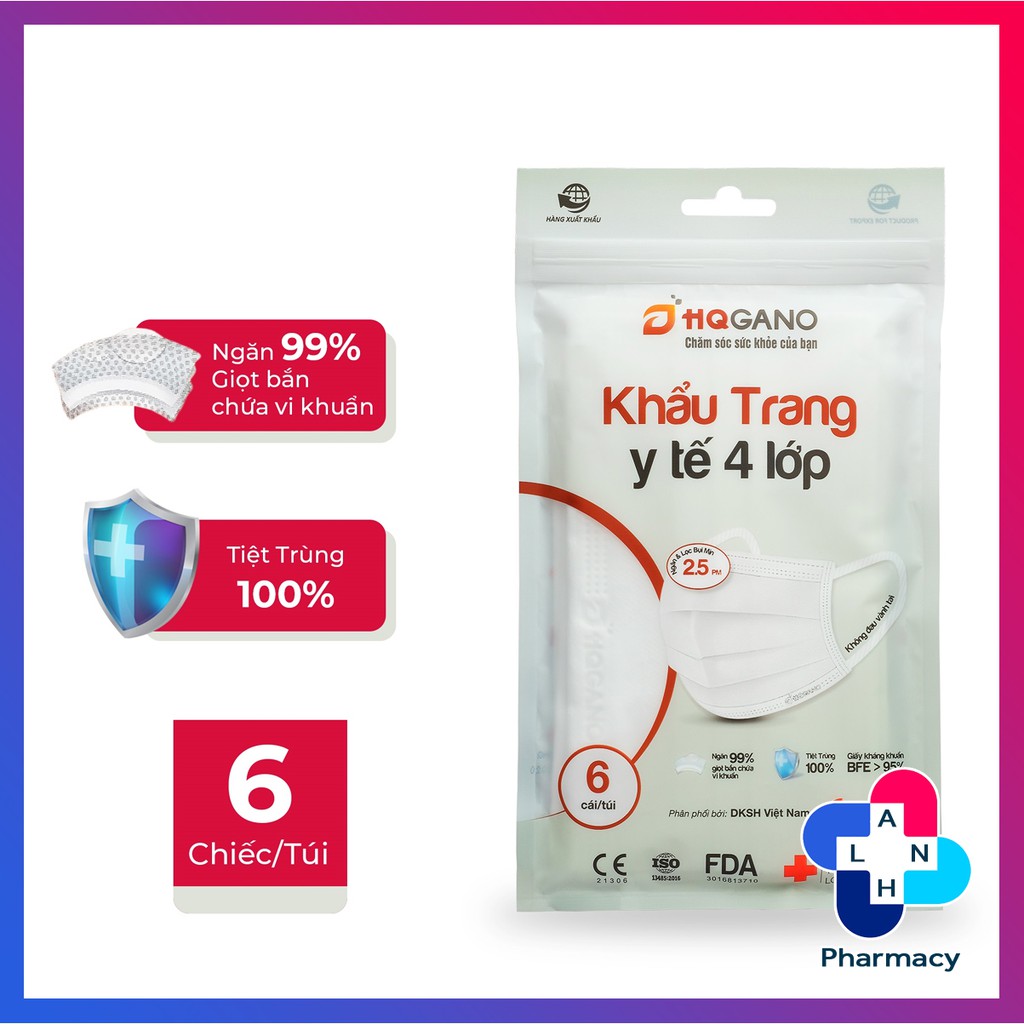 Khẩu trang HQGANO (Gói 6 cái) - Khẩu trang y tế 4 lớp hàng xuất khẩu.