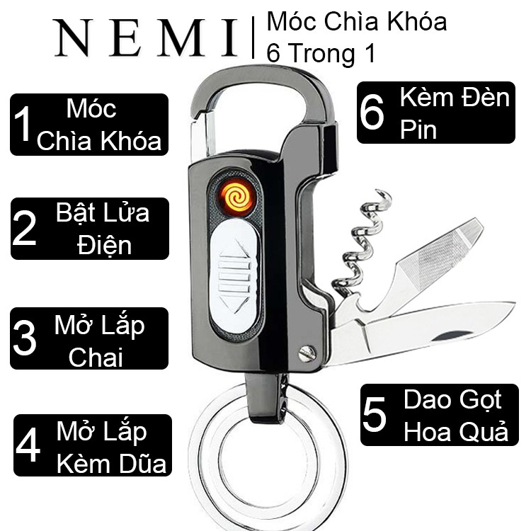 Móc Chìa Khóa Inox Oto, Xe Máy Đa Năng Đi Kèm Bật Lửa Điện, Dao, Đồ Mở Lắp Chai, Đèn Pin NEMI