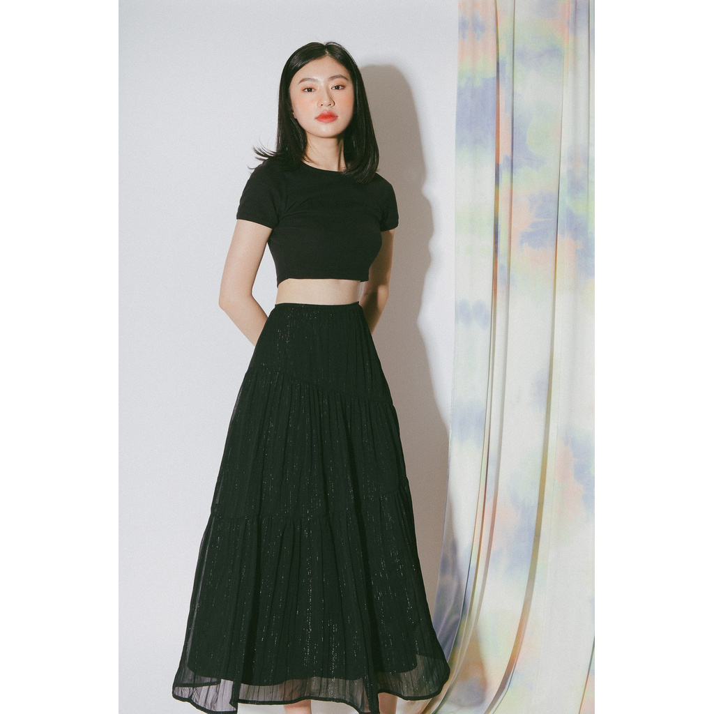 Chân váy dài vải kim tuyến màu đen có nhún thun trên thân  | BigBuy360 - bigbuy360.vn