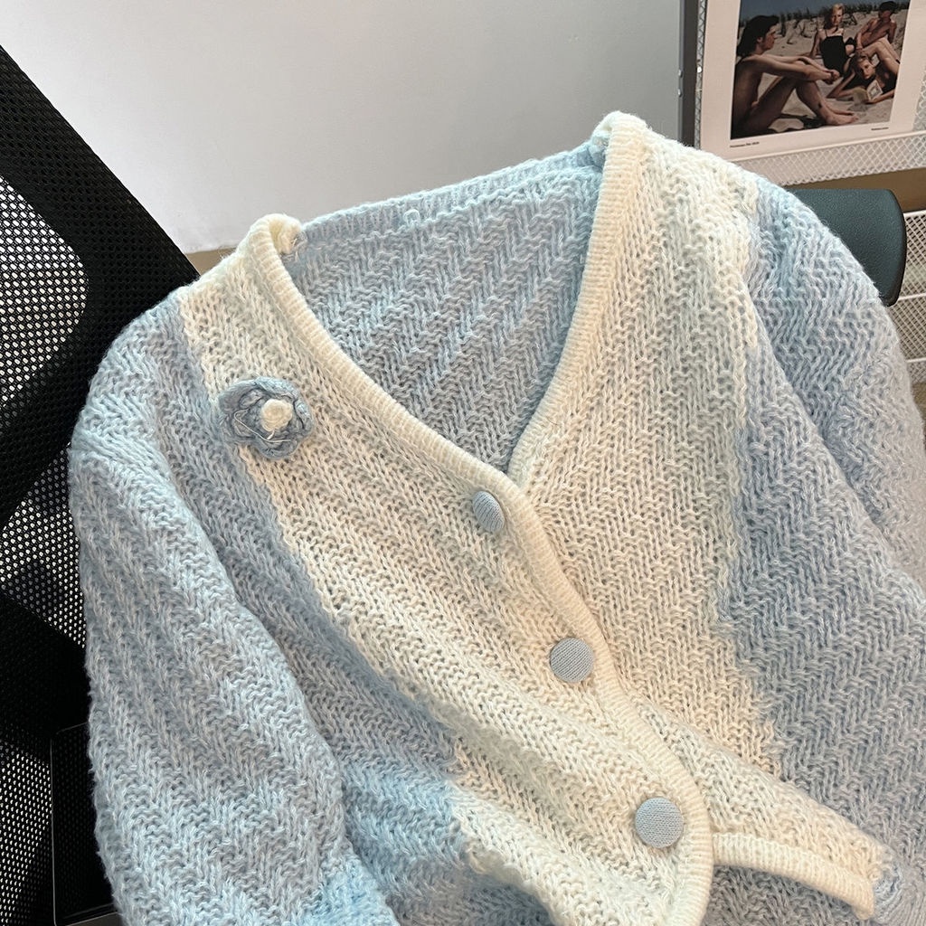 Áo Khoác cardigan Dệt Kim Cổ Chữ v Màu Trắng Xanh Thời Trang Cho Nữ