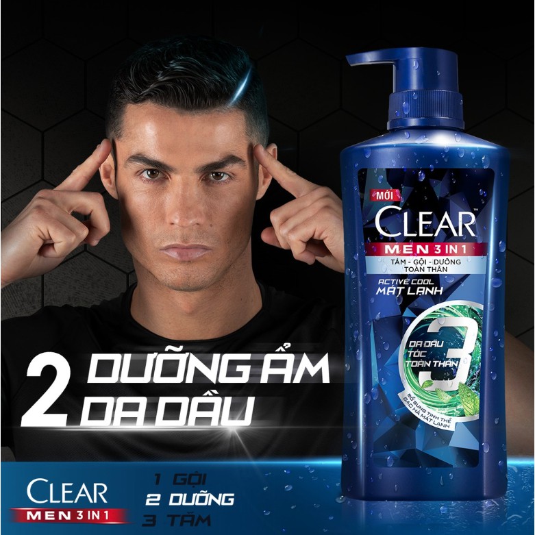 Dầu tắm gội Clear Men 3 trong 1 630gr: Tắm + Gội + Dưỡng