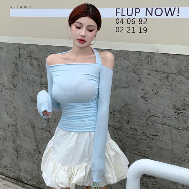 Đầm dây ngắn ôm dáng không tay xếp nếp dây rút/Áo thun dáng ôm tay dài trễ vai cổ yếm cho nữ