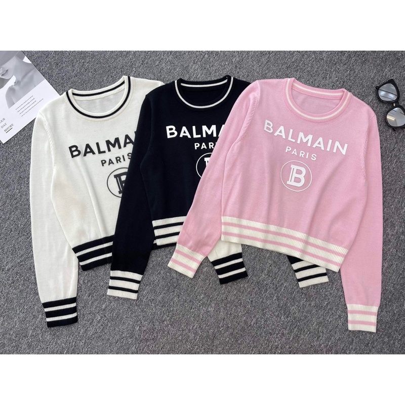 Áo len mỏng dáng ngắn cổ tròn thương hiệu Balmain cao cấp