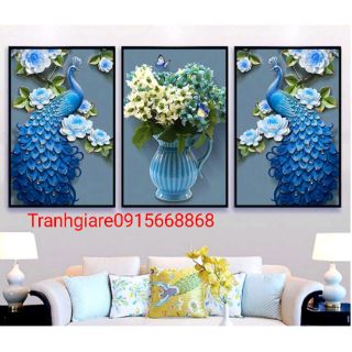 Tranh đính đá chim công xanh ba bức sang trọng tuyệt đẹp kt 150×70cm (kèm hình thật)
