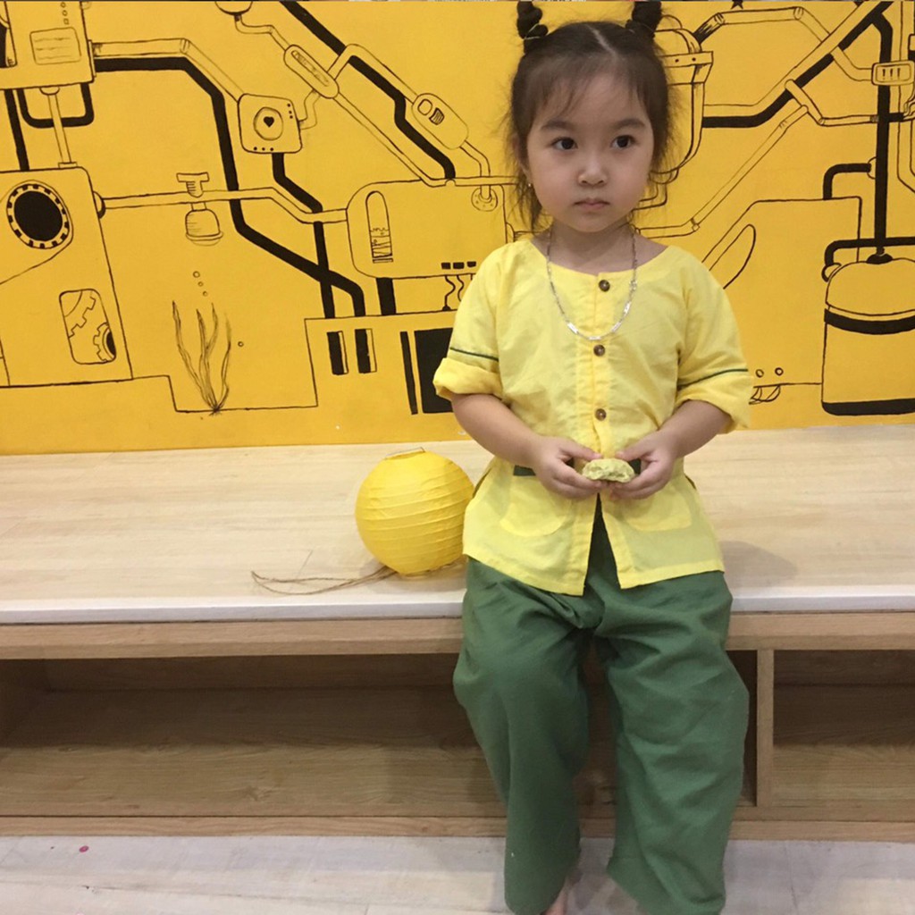 Bộ áo bà ba cho bé trai và bé gái màu vàng vui lễ hội trung thu, biểu diễn văn nghệ, trải nghiệm nông trại Jadiny