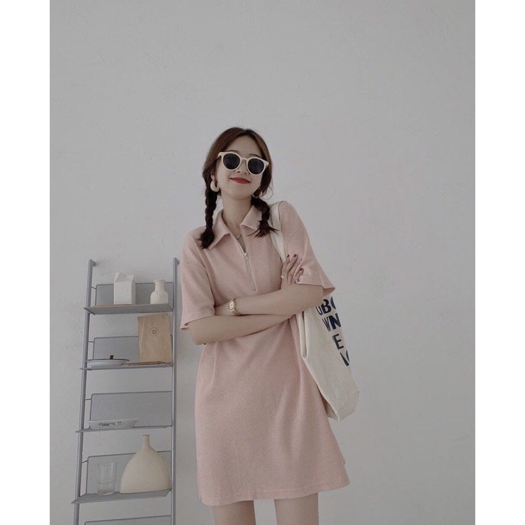 Váy Polo dáng suông kéo khóa chất thun xốp Váy suông có khóa kéo ngắn tay cổ đứng chất thun xốp lạ mắt cá tính