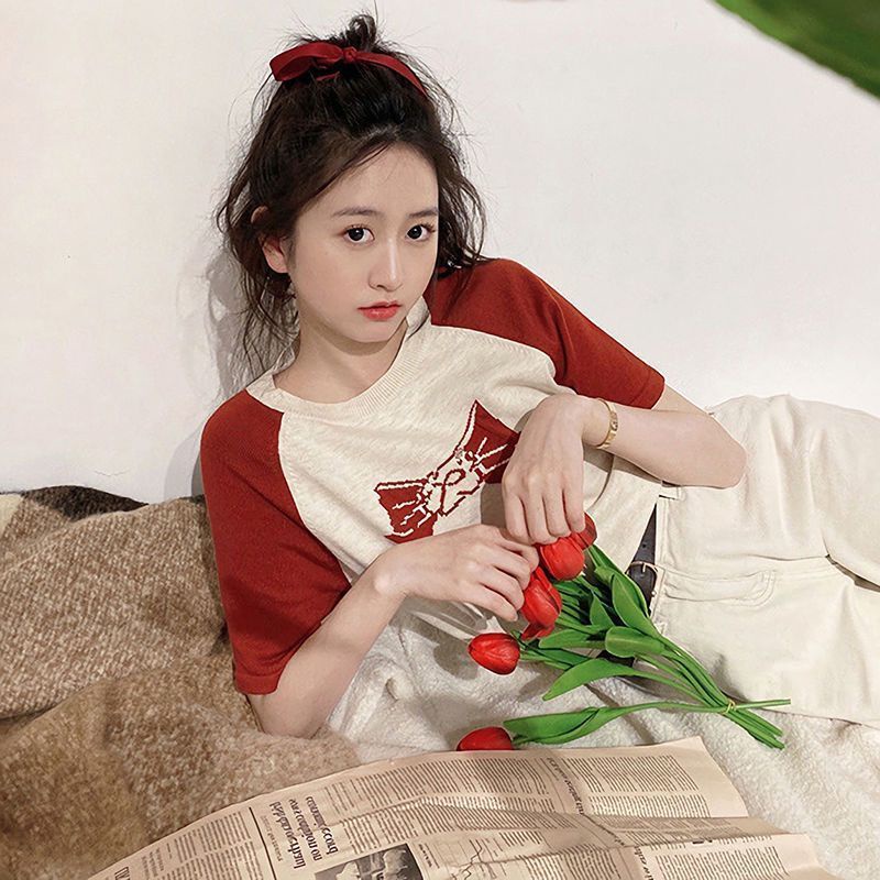 Áo Thun Dệt Kim Ngắn Tay Thắt Nơ Phong Cách Hàn Quốc Gợi Cảm Cho Nữ