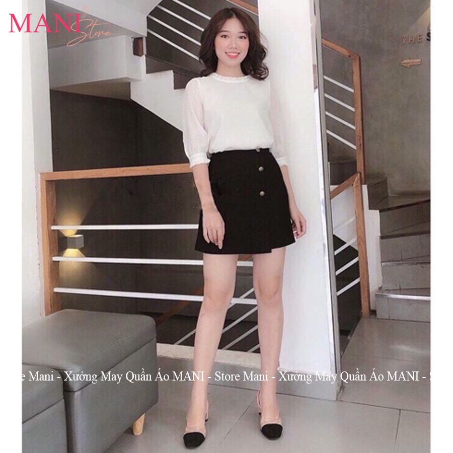Quần giả váy kiểu chân váy chữ a phối cúc hoa 3 màu Đen - Xanh than - Kem - Chất tuyết mưa - Mặc đi làm đi chơi cực xinh