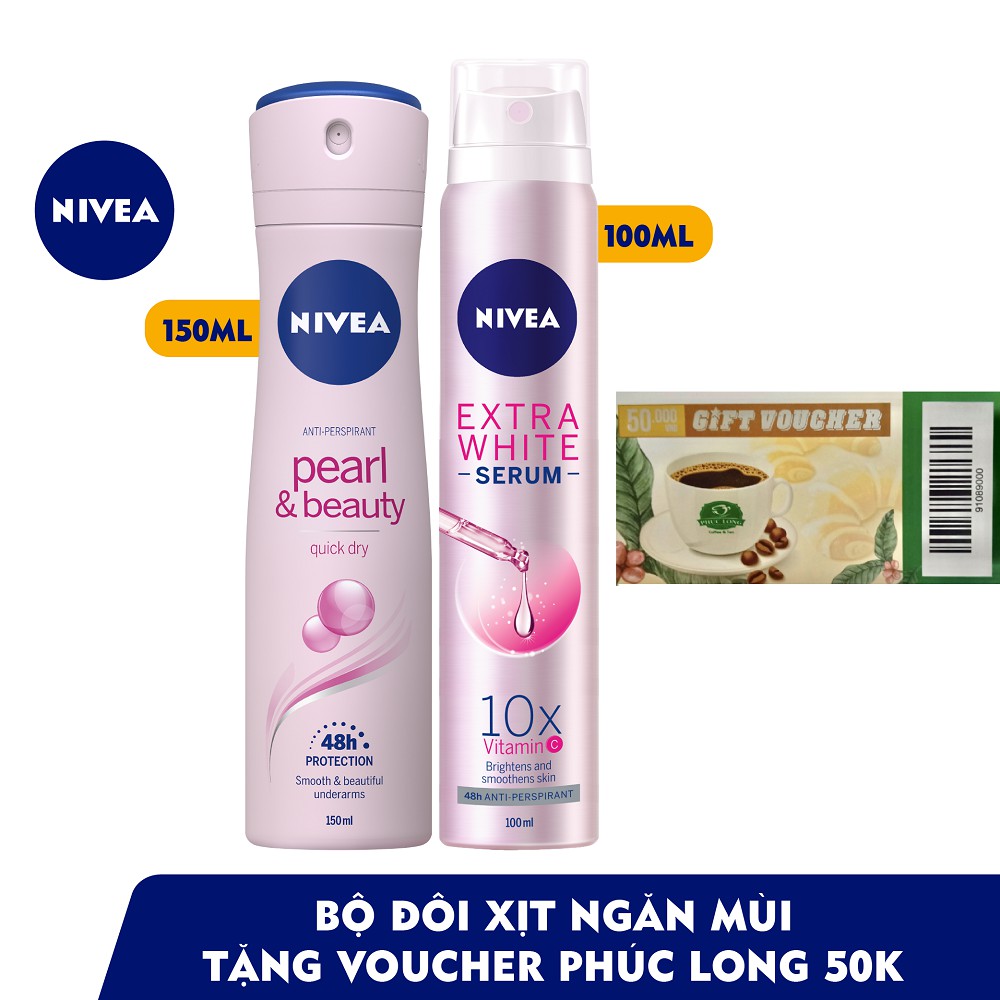 Bộ đôi Xịt ngăn mùi NIVEA Serum dưỡng trắng 100ml 80020 & Ngọc trai quyến rũ 150ml 83731 + Tặng voucher Phúc Long 50k