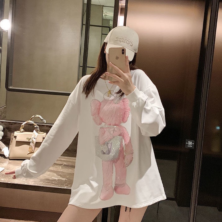 Áo thun ZHELIHANGFEI tay dài dáng rộng vải nhung in họa tiết dễ phối đồ