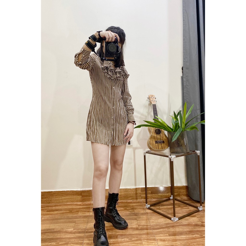 Váy sơ mi cổ bèo 🦋 Váy nữ chất voan kẻ trắng phối nâu tôn da style Hàn Quốc🦋