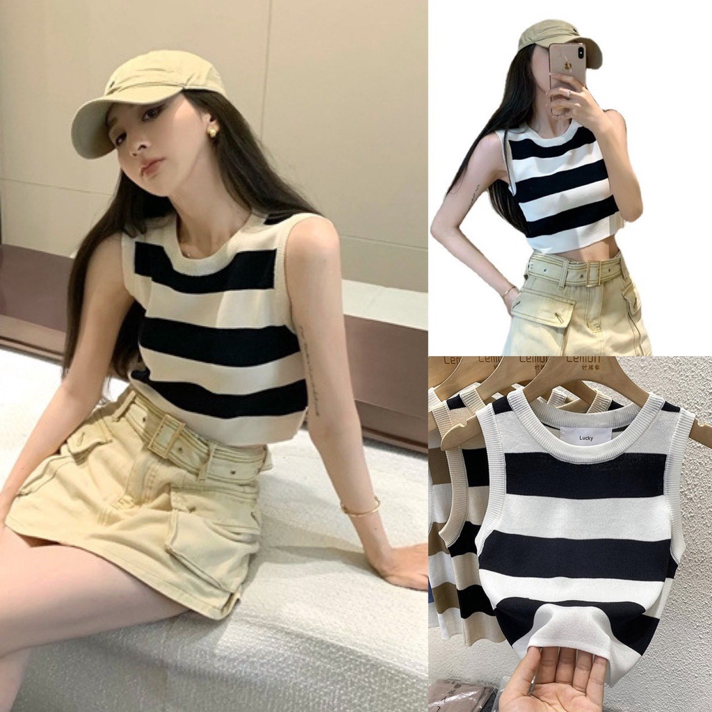 Áo croptop kẻ ngang len mongtoghi mềm mịn hàng QC siêu xinh, áo len ba lỗ dáng croptop
