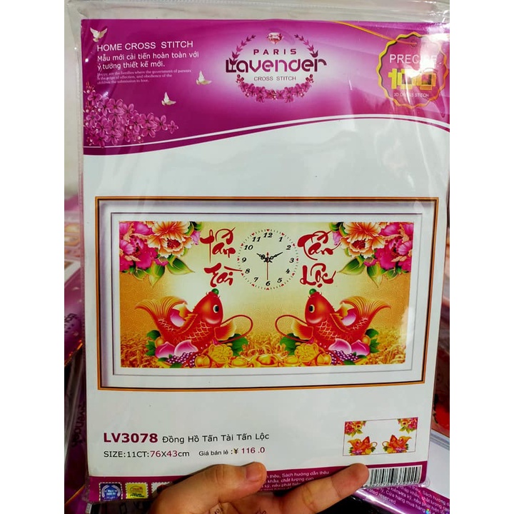Tranh thêu đồng hồ tấn tài tấn lộc KT:76x43cm,tranh chưa thêu.tặng kéo và xỏ chỉ.