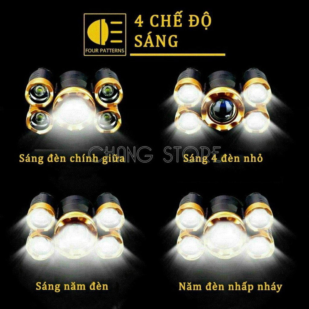 Đèn Pin Đội Đầu Đeo Trán 5 Bóng Siêu Sáng Kèm Pin Sạc Siêu Tiện Lợi - Có Khả Năng Chống Nước