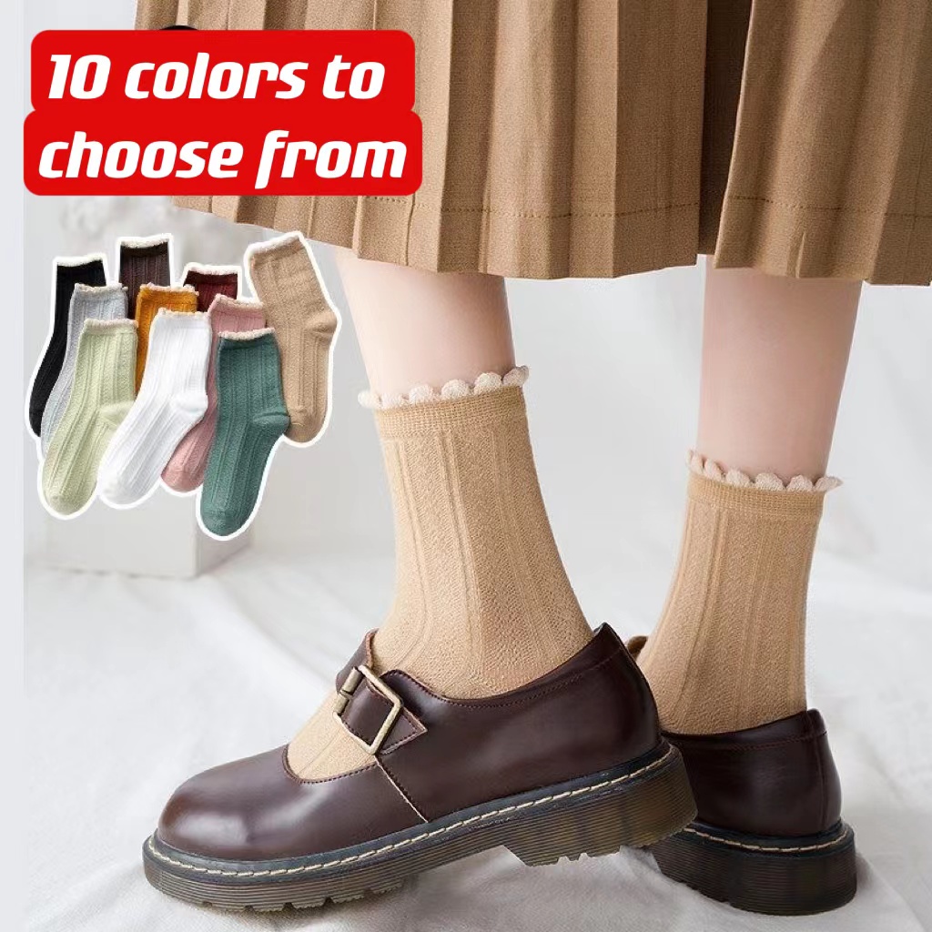 Tất cotton ống vừa phối ren màu trơn phong cách đơn giản linh hoạt cho nữ