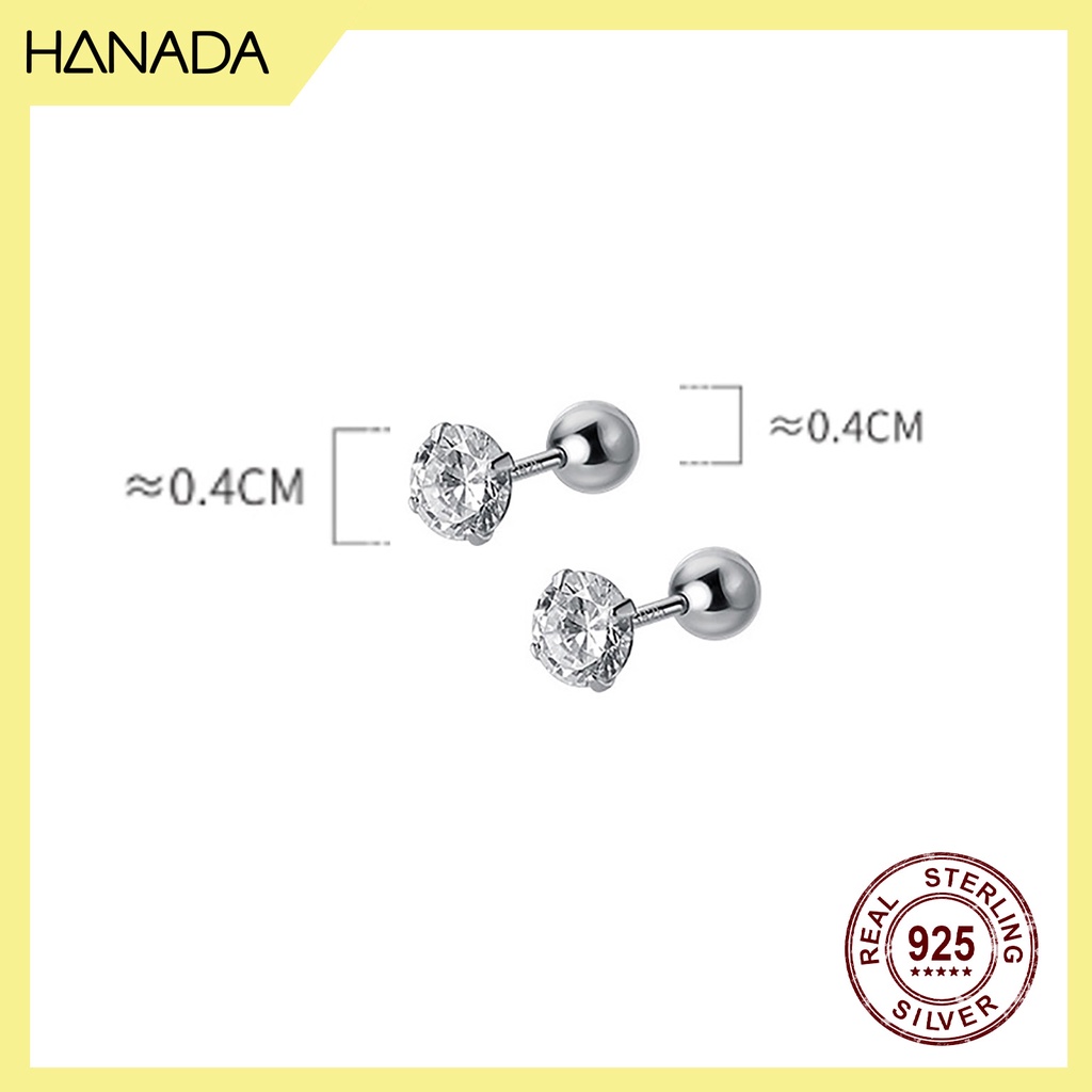 Bông Tai Bạc 925 Hanada Mang 2 Đầu Đá/Bi Tròn Chui Vặn Đeo Nam Nữ 0801