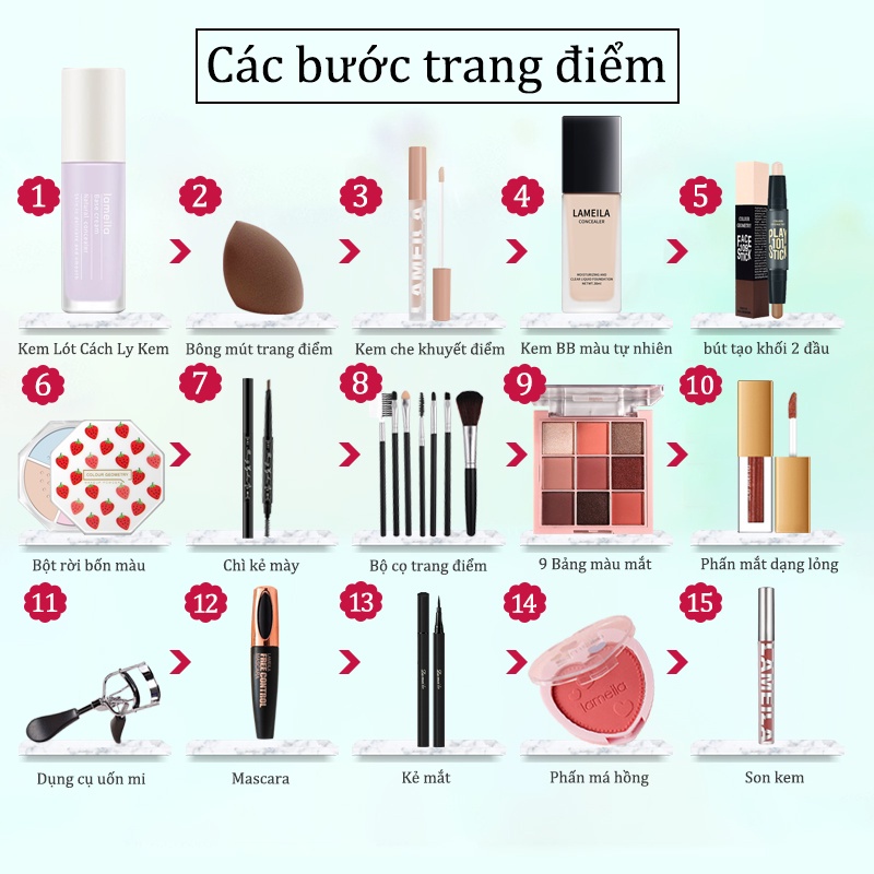 Bộ Mỹ Phẩm Trang Điểm 15 Món Gồm Kem BB + Má Hồng + Bút Kẻ Mắt + Mascara + Bút Kẻ Mắt + Son Môi