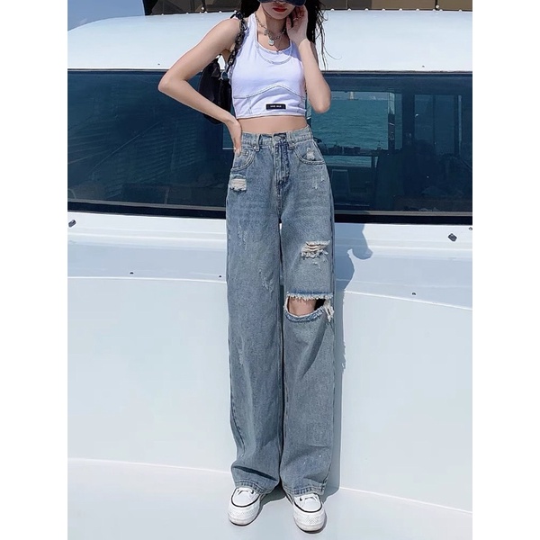 Quần jean ống rộng rách phá siêu đẹp