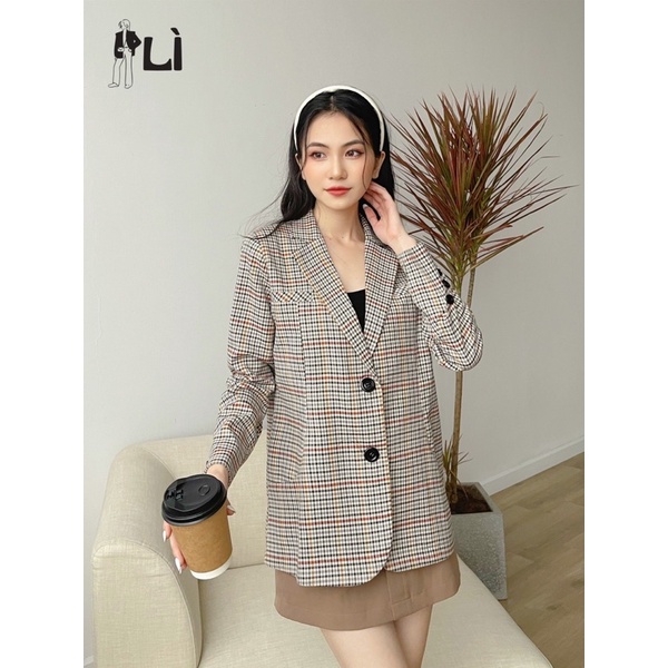 Blazer kẻ caro nâu đỏ 2 cúc dọc Hàn Quốc