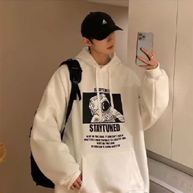 Áo hoodie tay dài dáng rộng in hình phi hành gia thời trang phong cách Hàn Quốc cho nam size M-3XL