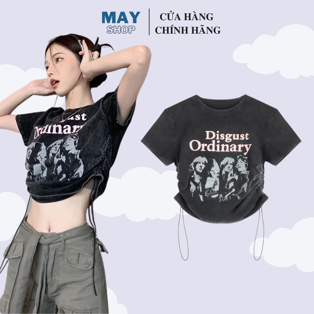{CÓ ẢNH THẬT} Áo Thun Tay Ngắn Phối Dây Rút Phong Cách Y2K Đường Phố Retro Mỹ MAYSHOP