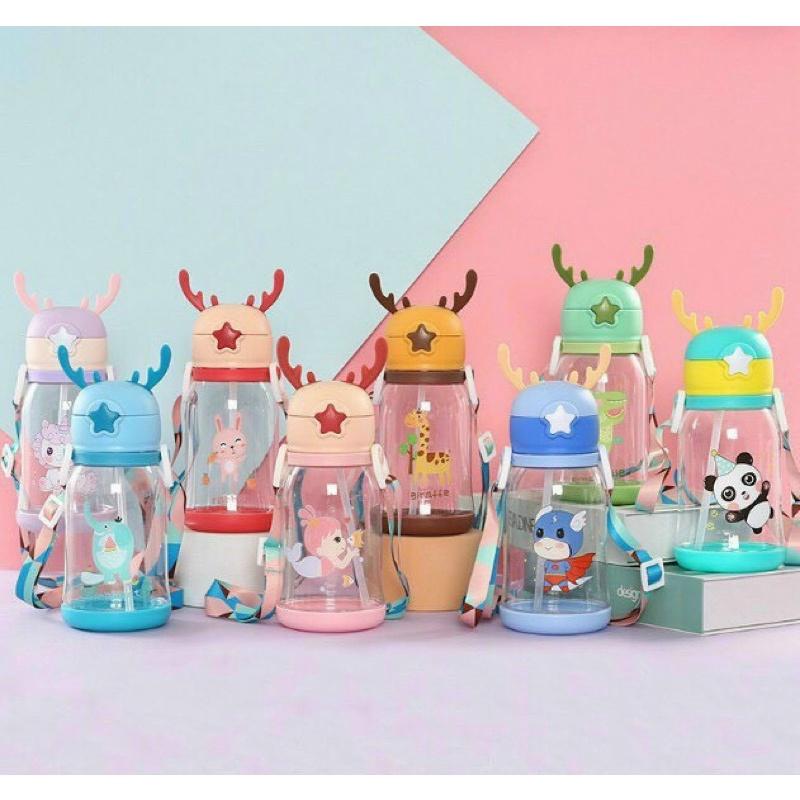 Bình nước cho bé đi học bình tập uống nước 550ml có dây đeo nắp bật ống hút mềm cao cấp