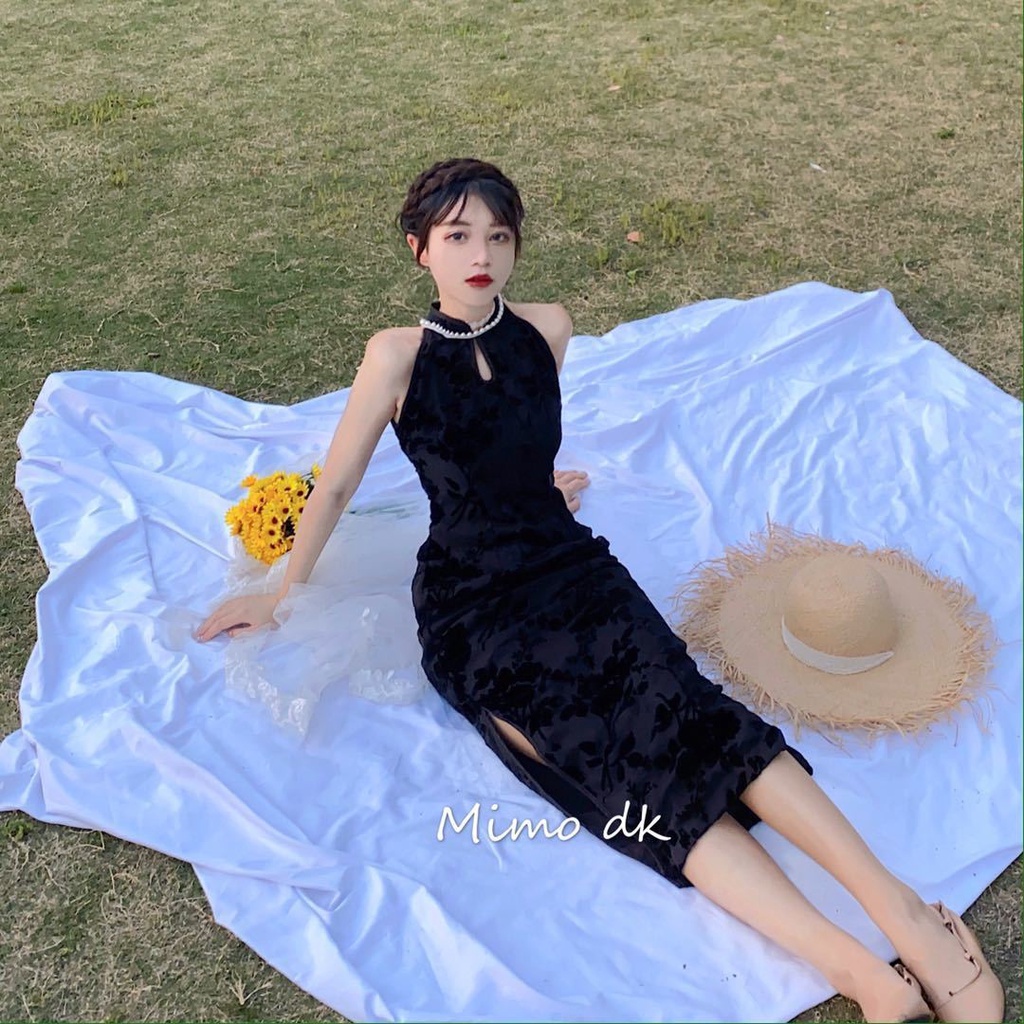 [M &amp; E] Đầm Sườn Xám Cách Tân Không Tay Dáng Vừa Màu Đen Đính Ngọc Trai Thanh Lịch Phong Cách Trung Hoa Cổ Điển