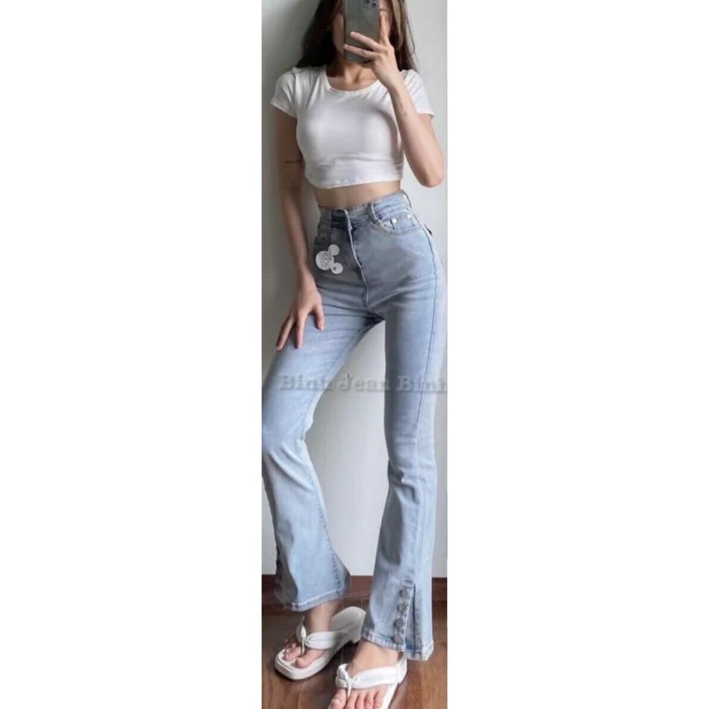Quần bò jean nữ ống loe đứng rộng suông xuông co giãn jeans cạp cao cao cấp Hottrend 2023