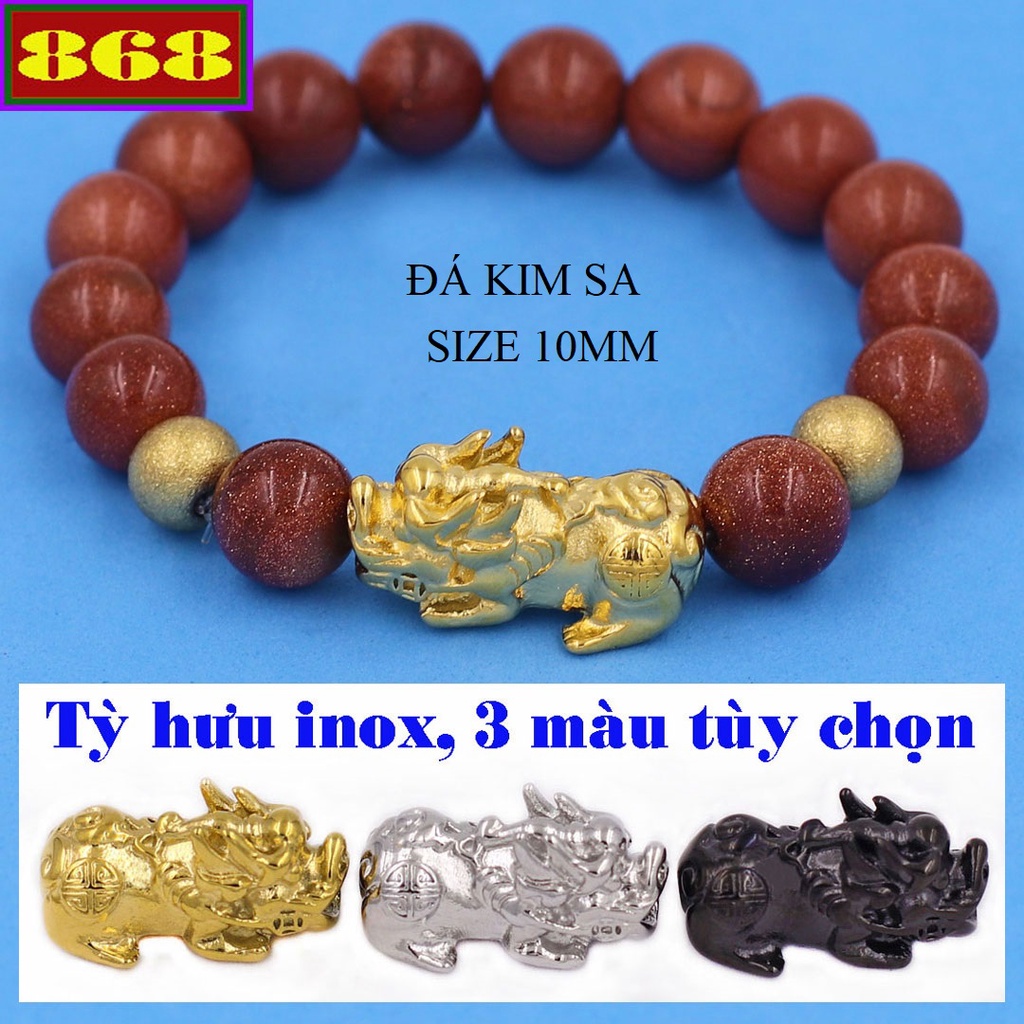 Vòng chuỗi Tỳ hưu inox Đá kim sa 10 ly kèm 2 bi VTKSTHVHB10 - Hợp mệnh Kim, mệnh Thổ