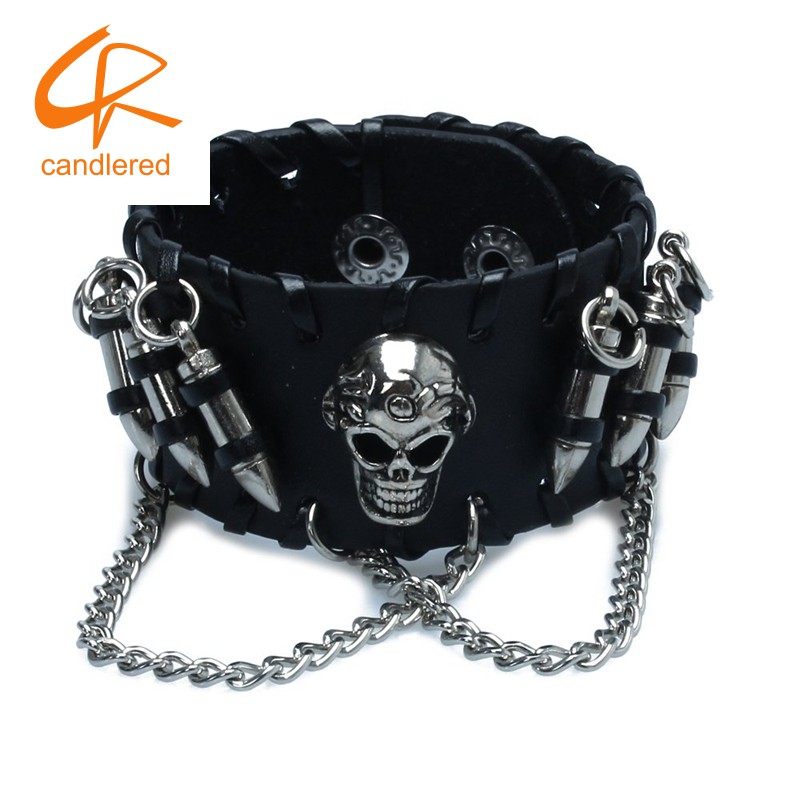 Vòng tay da PU mặt hình đầu lâu phong cách Gothic cá tính cho nam
