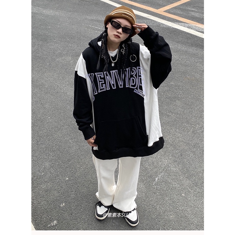 Áo sweater Có Mũ Trùm Dáng Rộng Cỡ Lớn Màu Sắc Tương Phản Kiểu Đường Phố Âu Mỹ Thời Trang Mùa Thu 2022 Mới Cho Nữ