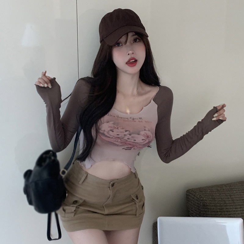 Áo Thun Tay Dài Cổ Chữ V In Hình Mèo Phong Cách Hàn Quốc