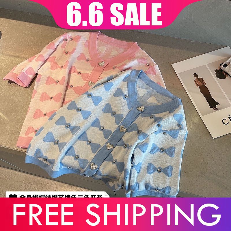 Áo Cardigan Dệt Kim Tay Ngắn Dáng Rộng Đính Nơ Thời Trang Mùa Hè Cho Nữ