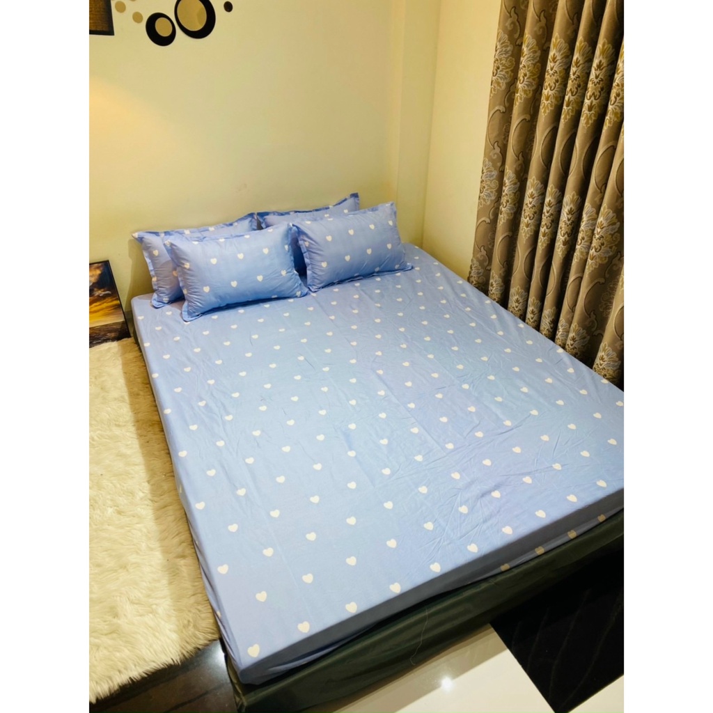 Bộ chăn ga gối tim xanh , Set chăn ga gối tim xanh miễn phí bo chun ga giường