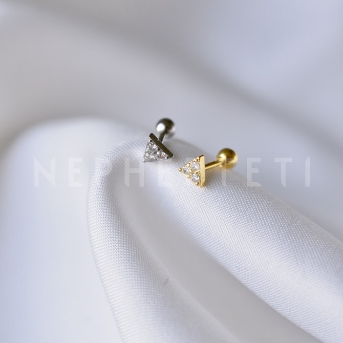Khuyên tai bạc 925 mini - Tam giác đá chốt bi vặn  - Nepherteti