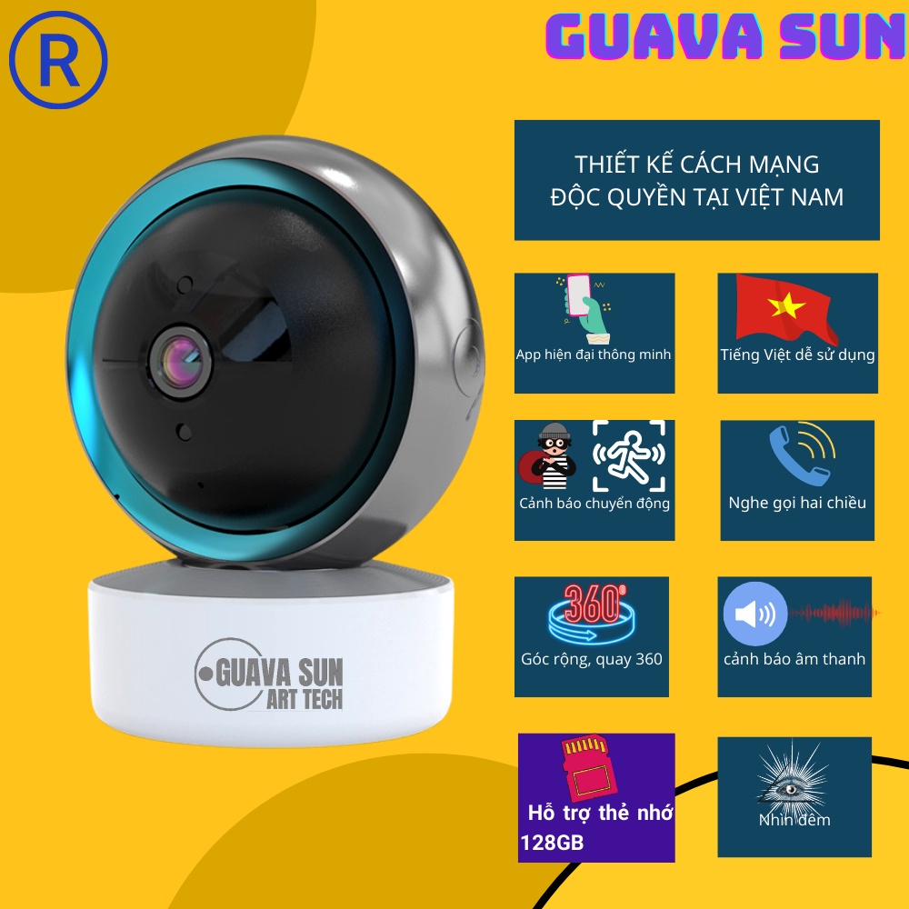 Camera thông minh IP không dây wifi GUAVASUN ART TECH - GS01, sử dụng tiếng việt, hỗ trợ điện thoại, thẻ nhớ tới 128GB