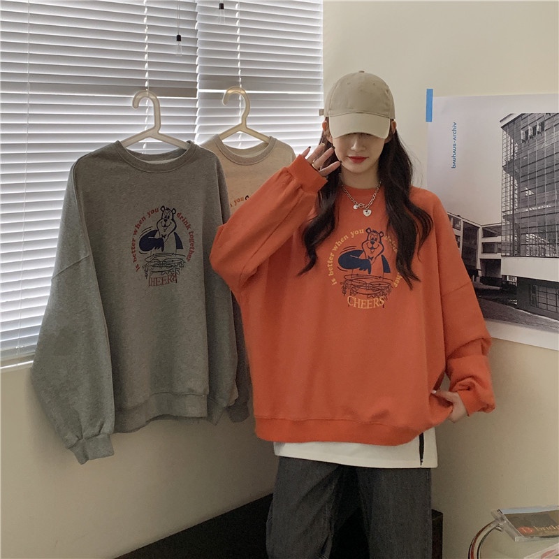 Áo nỉ dài tay dáng rộng in hình thời trang hàn quốc dễ phối đồ