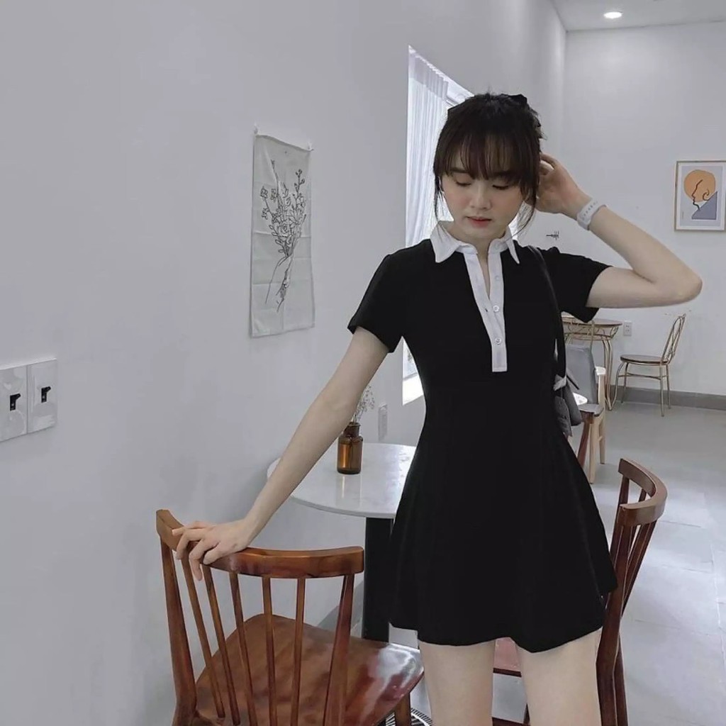 VÁY POLO DÁNG XÒE MÀU ĐEN PHỐI CỔ TRẮNG , ĐẦM POLO CỔ BẺ ÔM BODY TÔN DÁNG - METHSHOP 1989