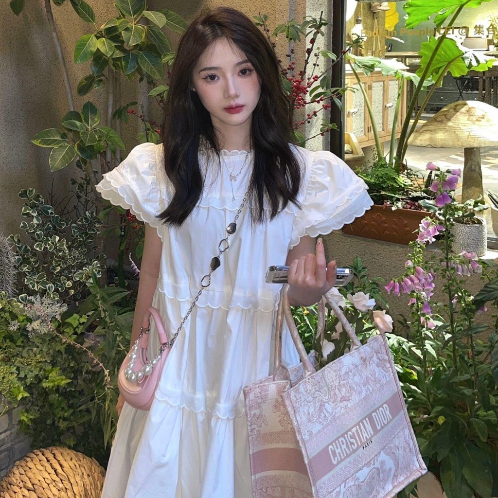 Đầm Búp Bê Tay Cánh Tiên Phối Ren Màu Trắng Phong Cách Nhật Bản Dễ Thương Dành Cho Nữ