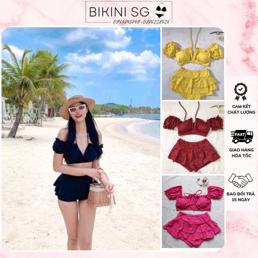 Đồ bơi nữ bikini 2 mảnh áo croptop tay bồng trễ vai phối quần chân váy bồng 2 tầng nhiều màu đi biển đẹp