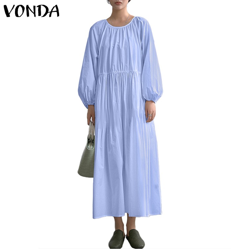 Đầm VONDA tay dài dáng rộng màu trơn thời trang giản dị cho nữ